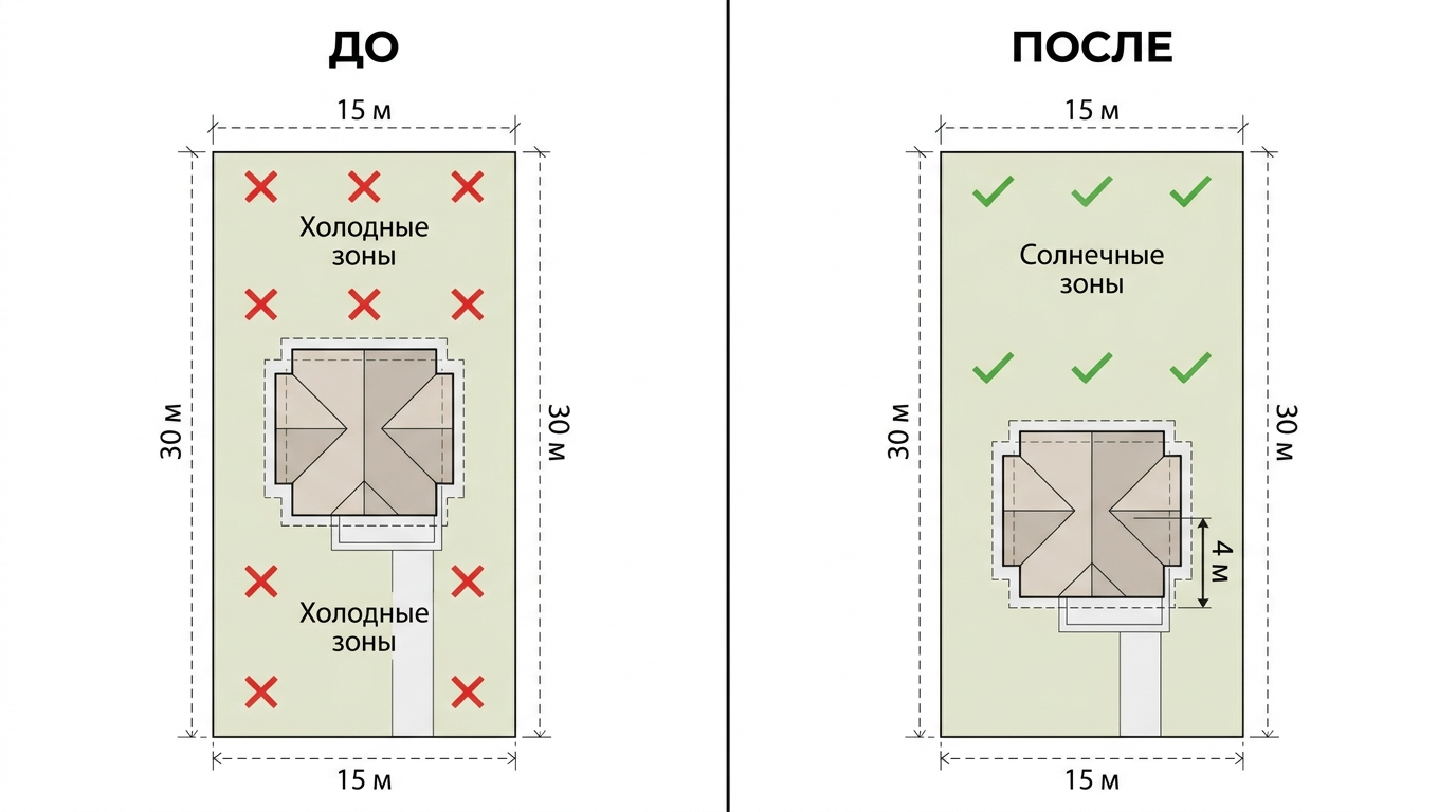 Слева (ДО): дом в центре участка, красные кресты — холодные теневые зоны. Справа (ПОСЛЕ): дом смещён на 4 м к югу, зелёные галочки — оптимальные солнечные зоны