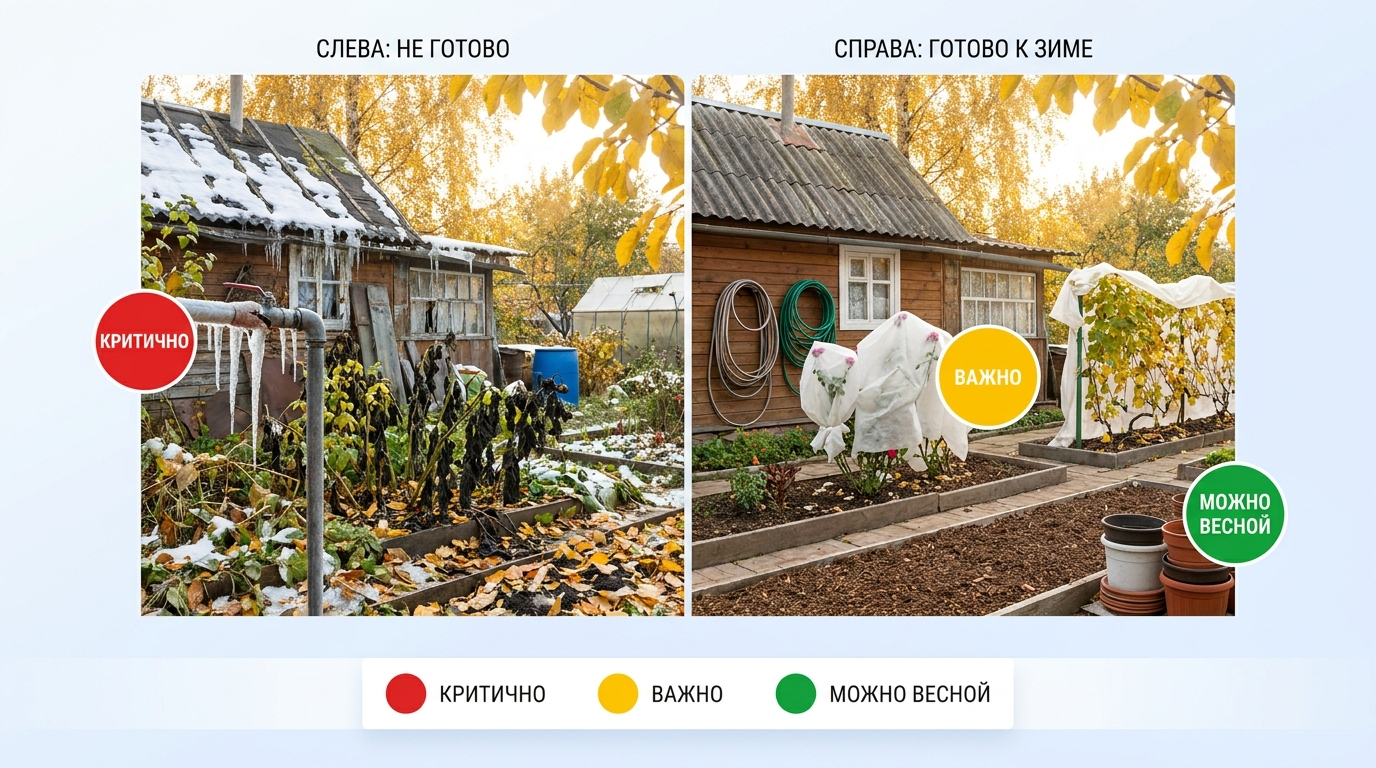 Участок, подготовленный к зиме: укрытые растения, слитые шланги, чистые дорожки