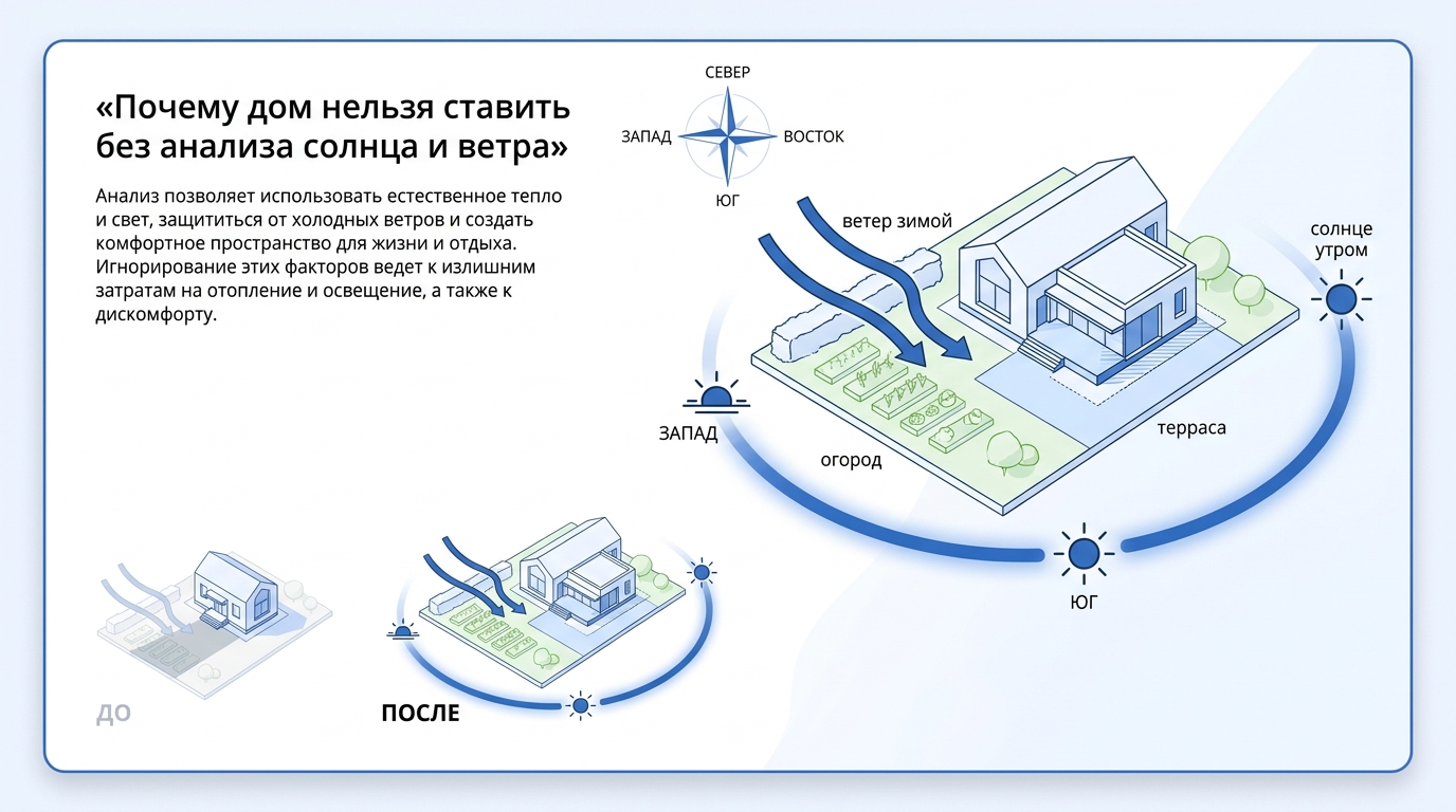 Схема солнца и ветра на участке перед размещением дома