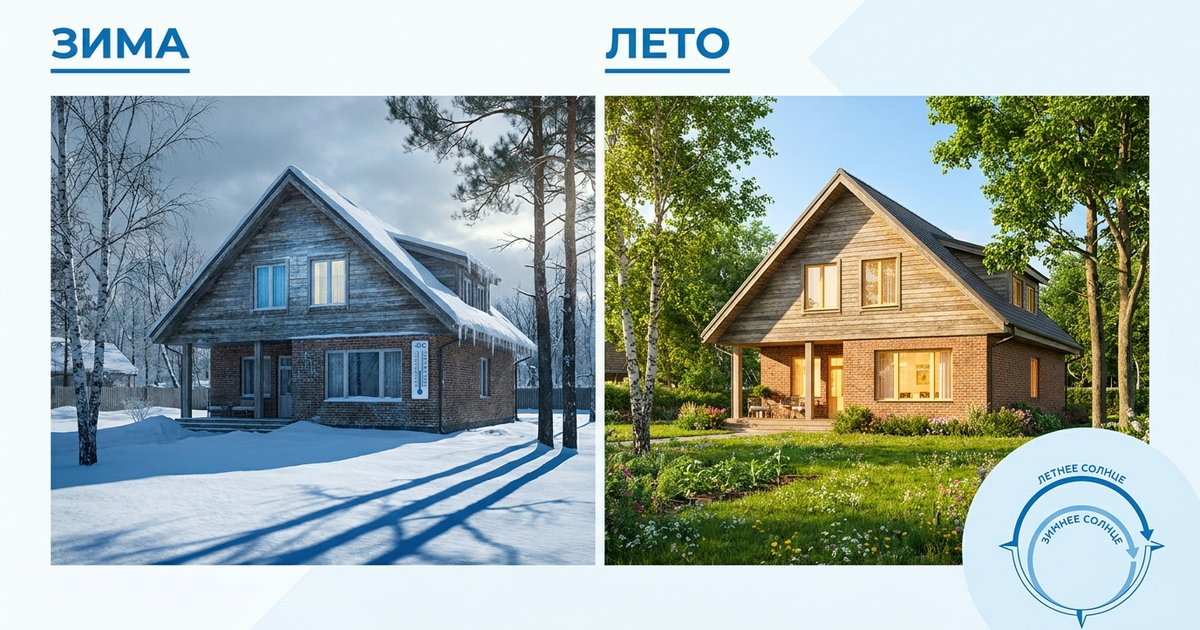 Дом на участке зимой и летом: в декабре тень длиннее, в июне — короче