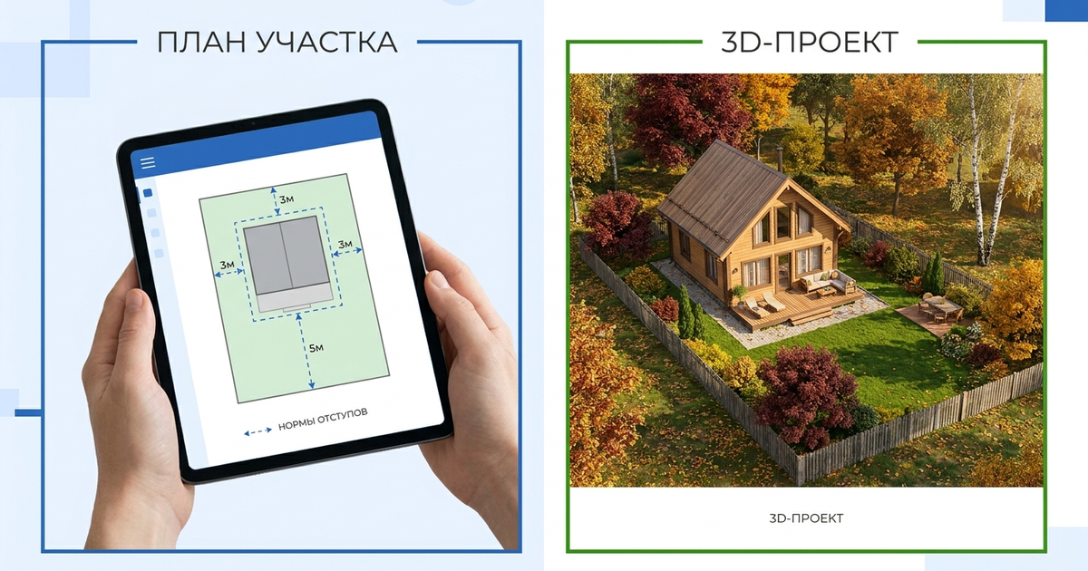 План участка на планшете слева и готовый 3D-проект справа