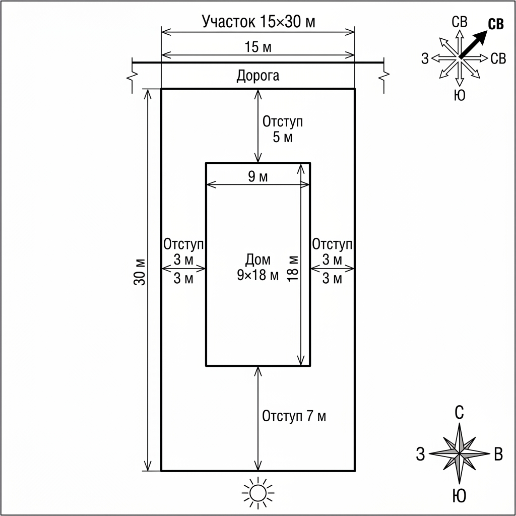 Архитектурная схема участка 15x30 м с домом по центру, отмечены отступы 3 м до забора, 5 м до дороги, роза ветров и солнце