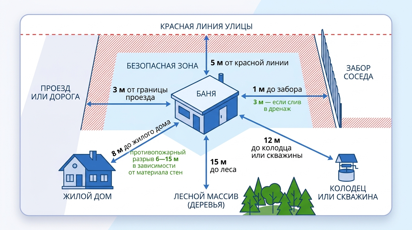 Чек-лист и схема обязательных отступов для бани