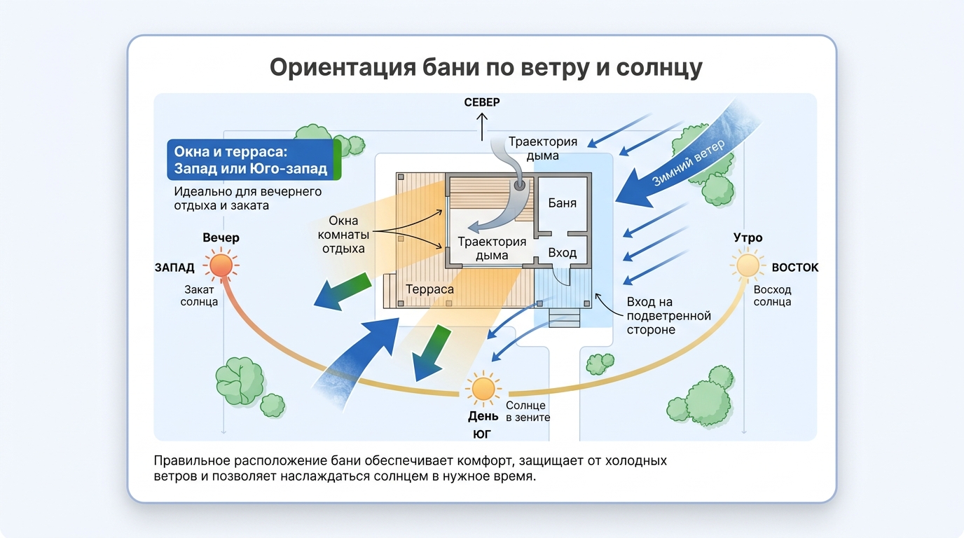 Как ориентировать баню по ветру и солнцу