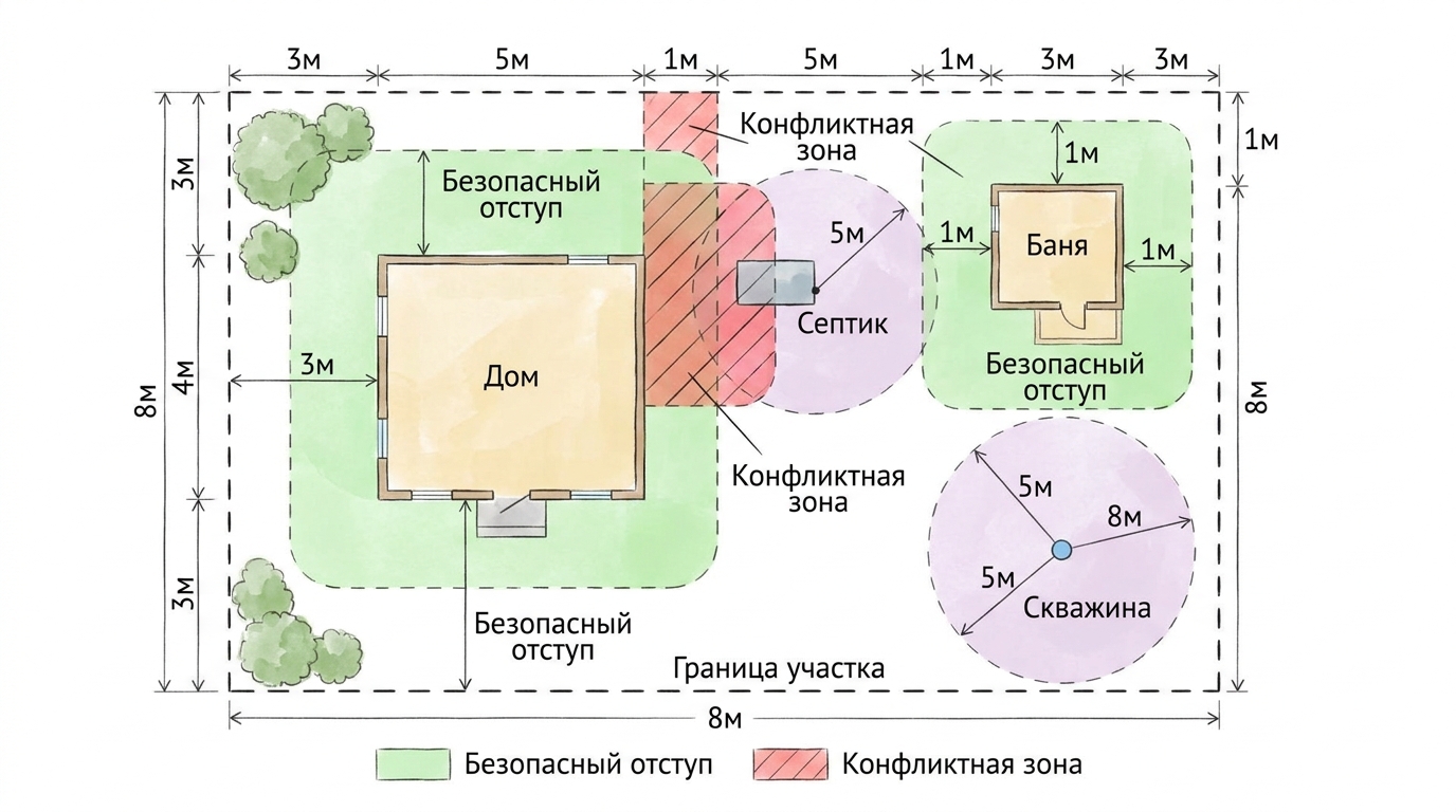 Нормативное зонирование участка с баней, септиком и скважиной