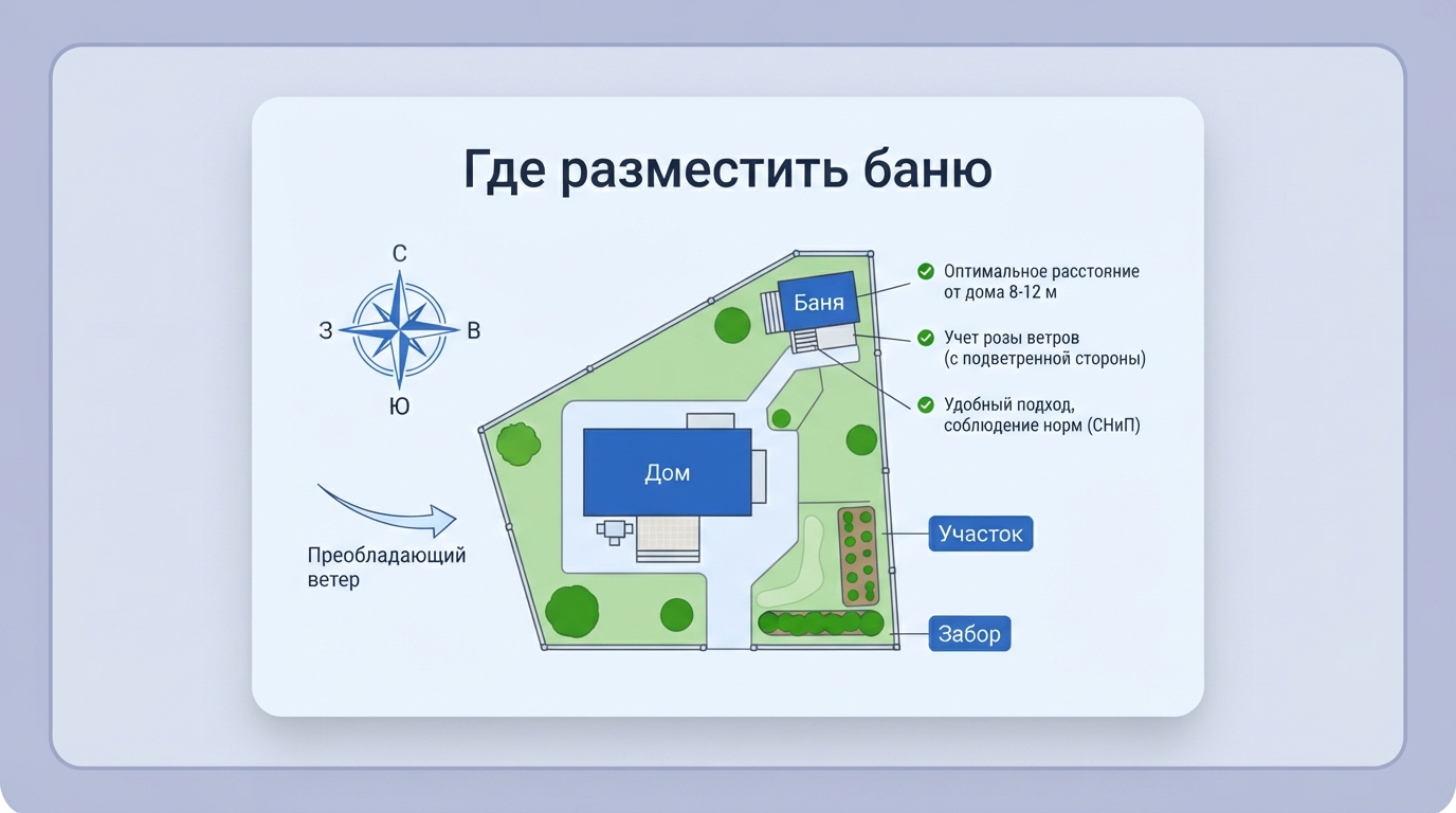 Как правильно поставить баню на участке: дом, баня, ветер и границы участка