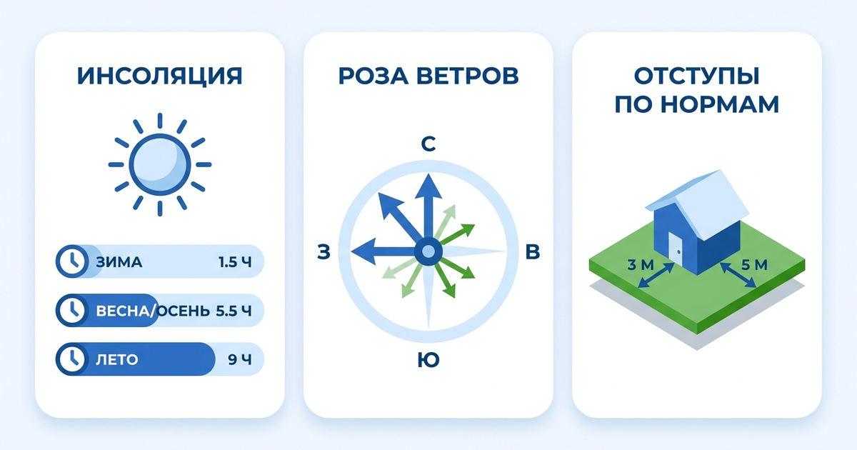 Три ключевых параметра участка: инсоляция, роза ветров, отступы по нормам